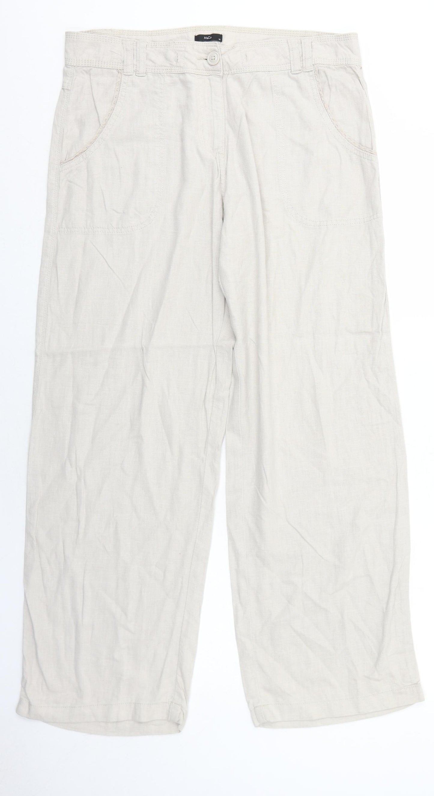 M&Co Womens Beige Linen Trousers Size 14 Regular Zip