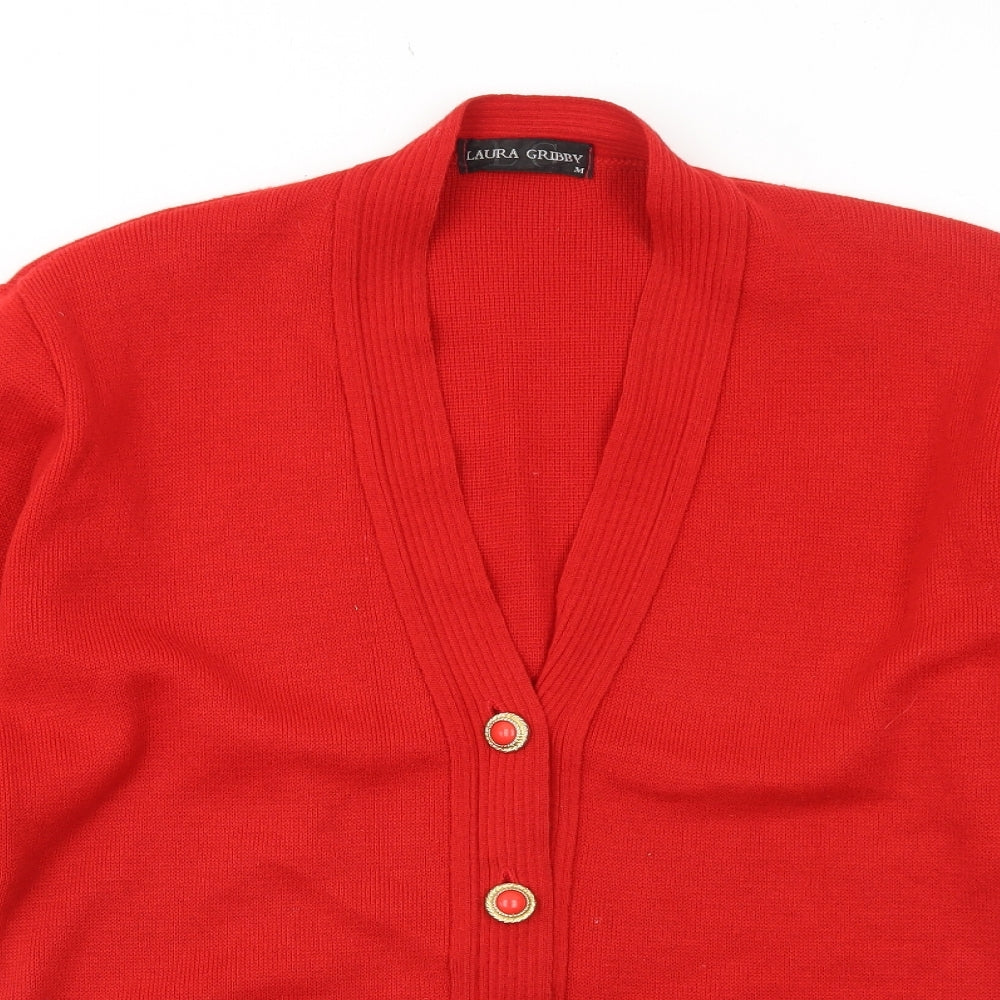 Laura Gribby Womens Red V-Neck Acrylic Cardigan Jumper Size M