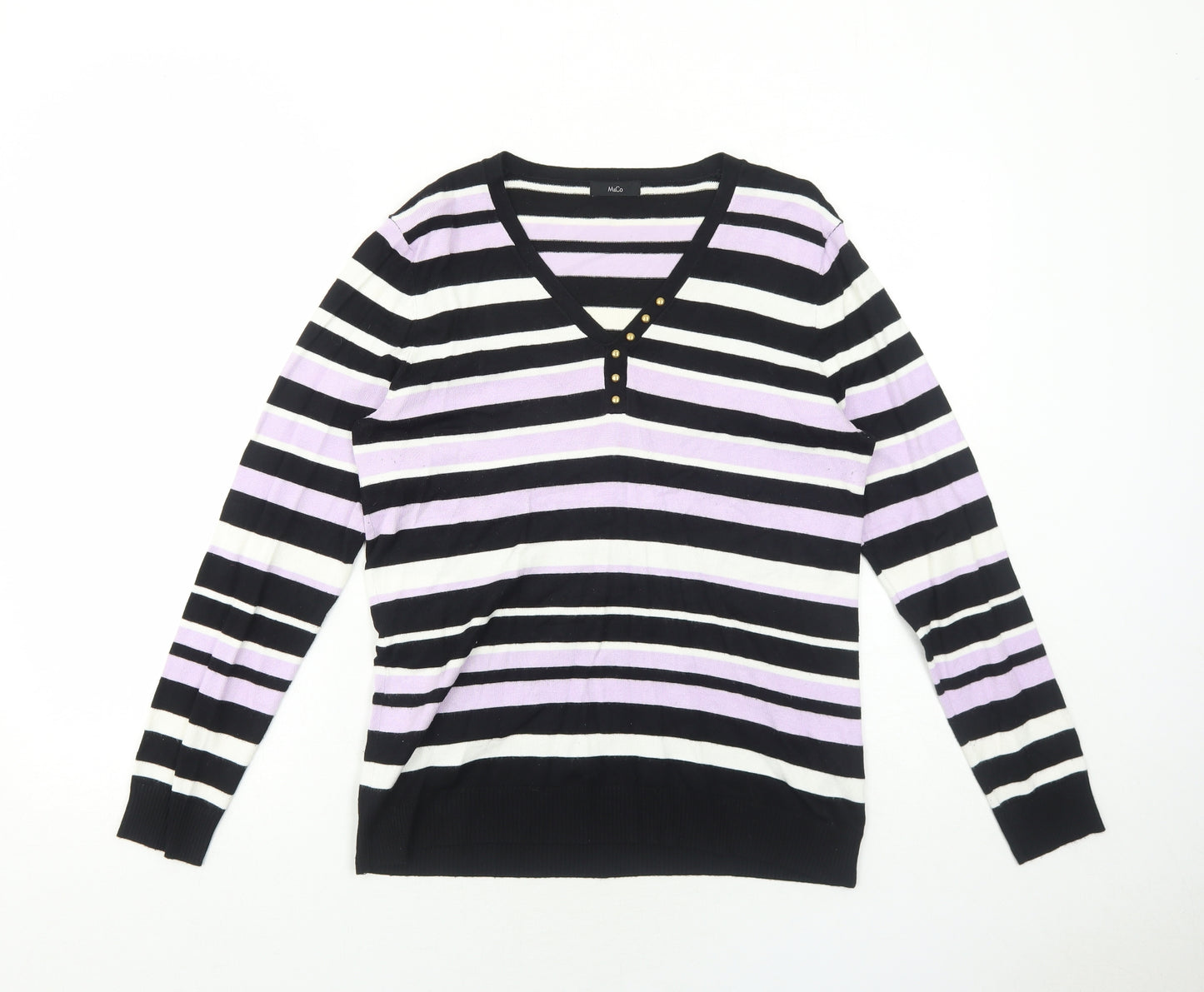 M&Co Womens Purple V-Neck Striped Viscose Pullover Jumper Size 14