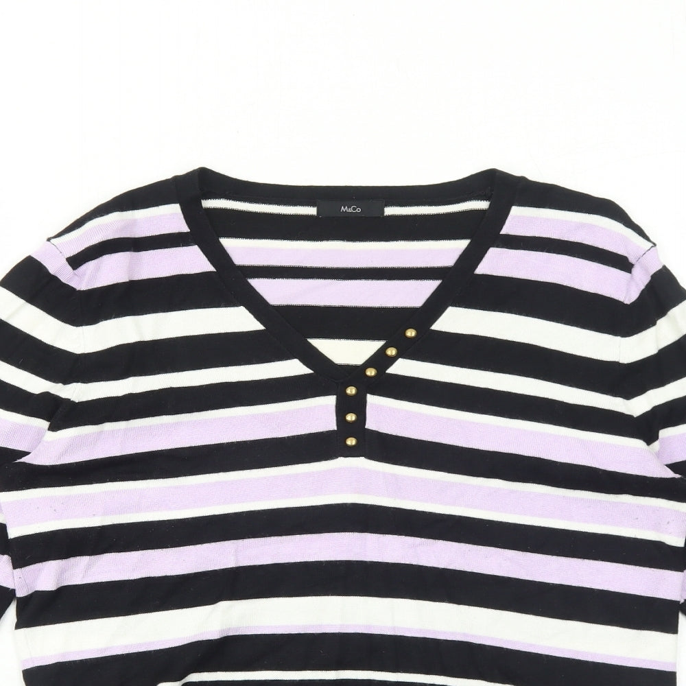 M&Co Womens Purple V-Neck Striped Viscose Pullover Jumper Size 14