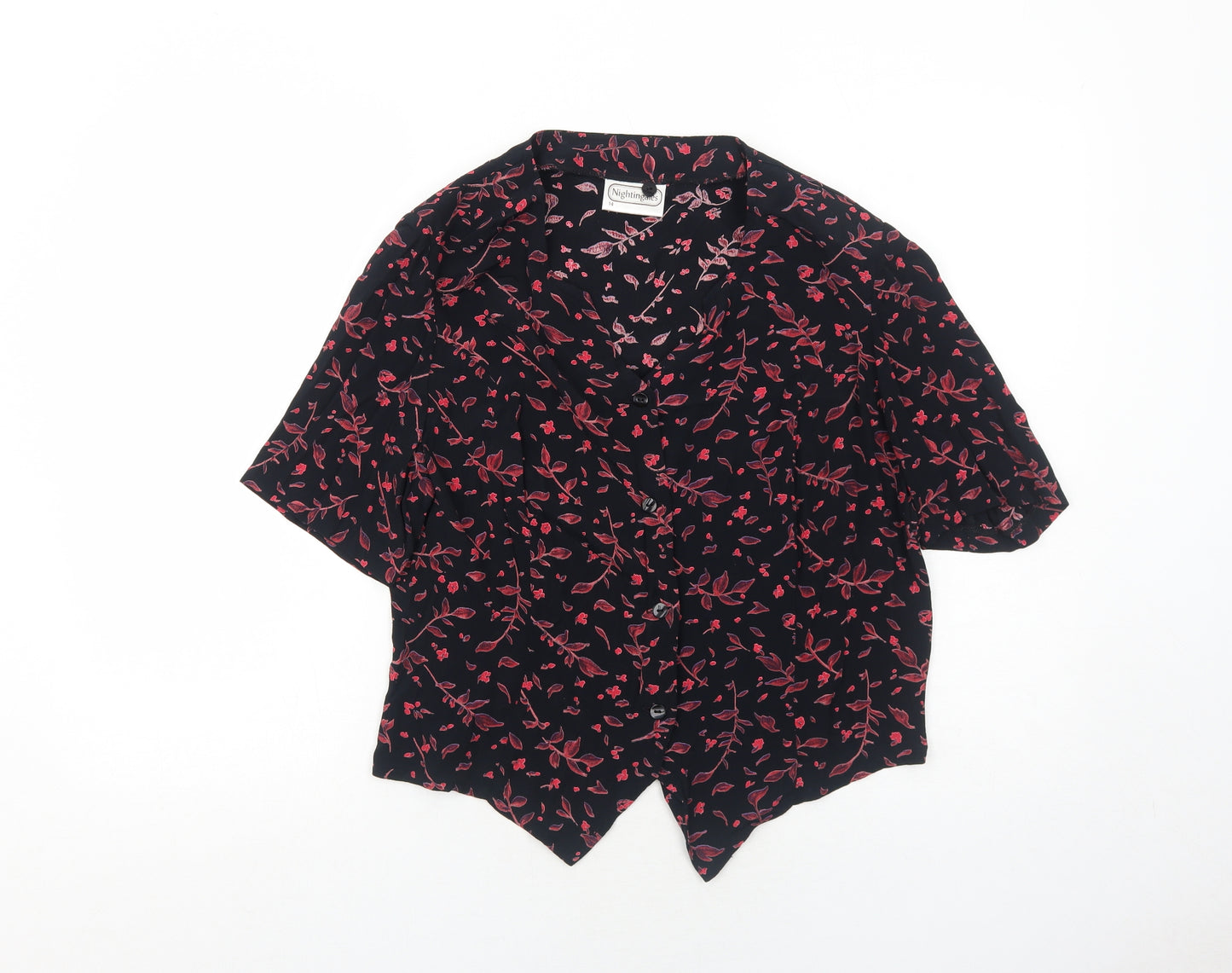 Nightingales Womens Black Geometric Viscose Basic Button-Up Size 14 V-Neck - Leaf Print