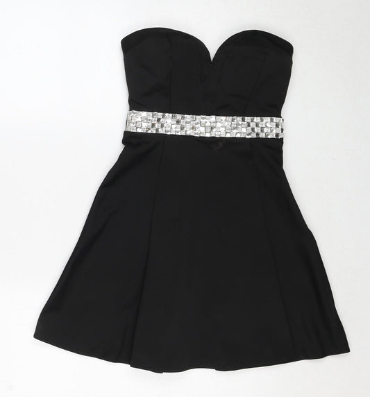 Front view of Lipsy women’s black polyester ball gown, size UK 8, sweetheart zip