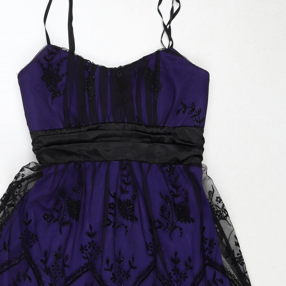 Ruby Rox Womens Purple Floral Polyester Ball Gown Size S V-Neck Zip