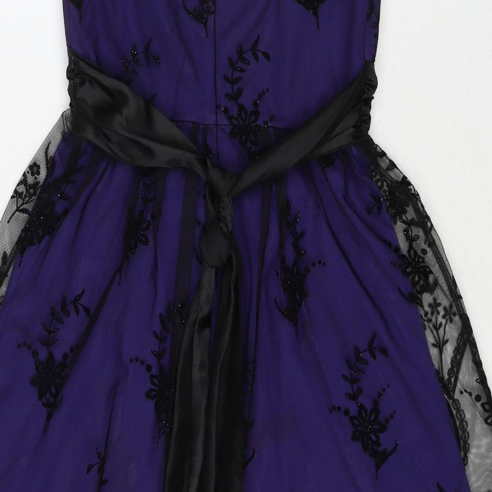 Ruby Rox Womens Purple Floral Polyester Ball Gown Size S V-Neck Zip