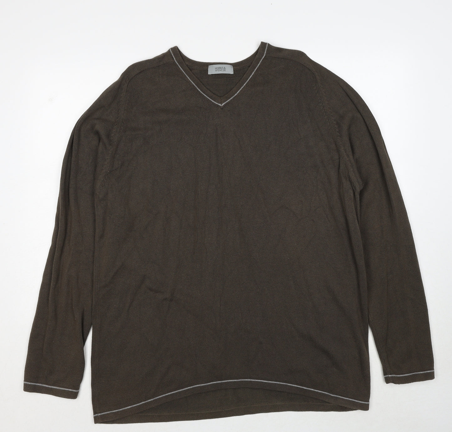 Marks and Spencer Mens Brown V-Neck Cotton Pullover Jumper Size XL Long Sleeve