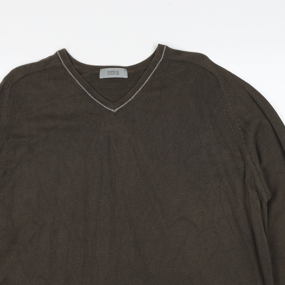 Marks and Spencer Mens Brown V-Neck Cotton Pullover Jumper Size XL Long Sleeve