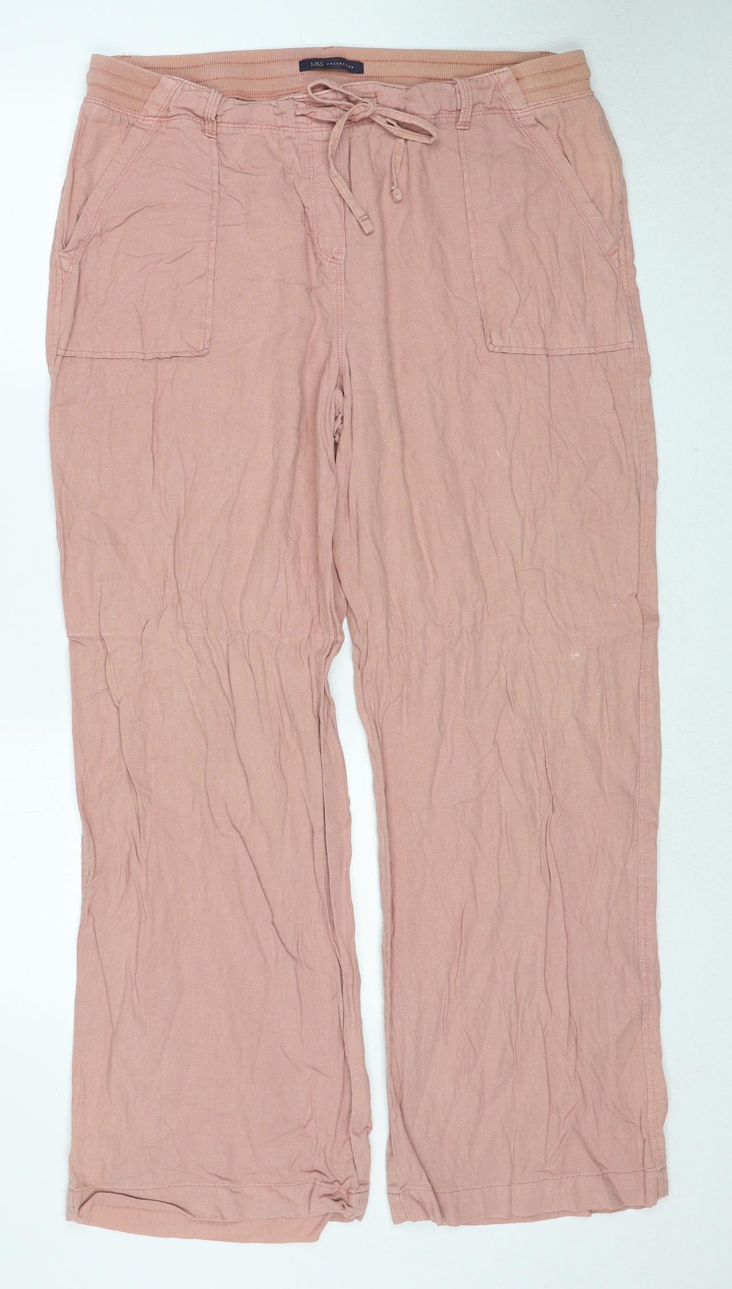 Marks and Spencer Womens Pink Linen Trousers Size 16 Regular Drawstring