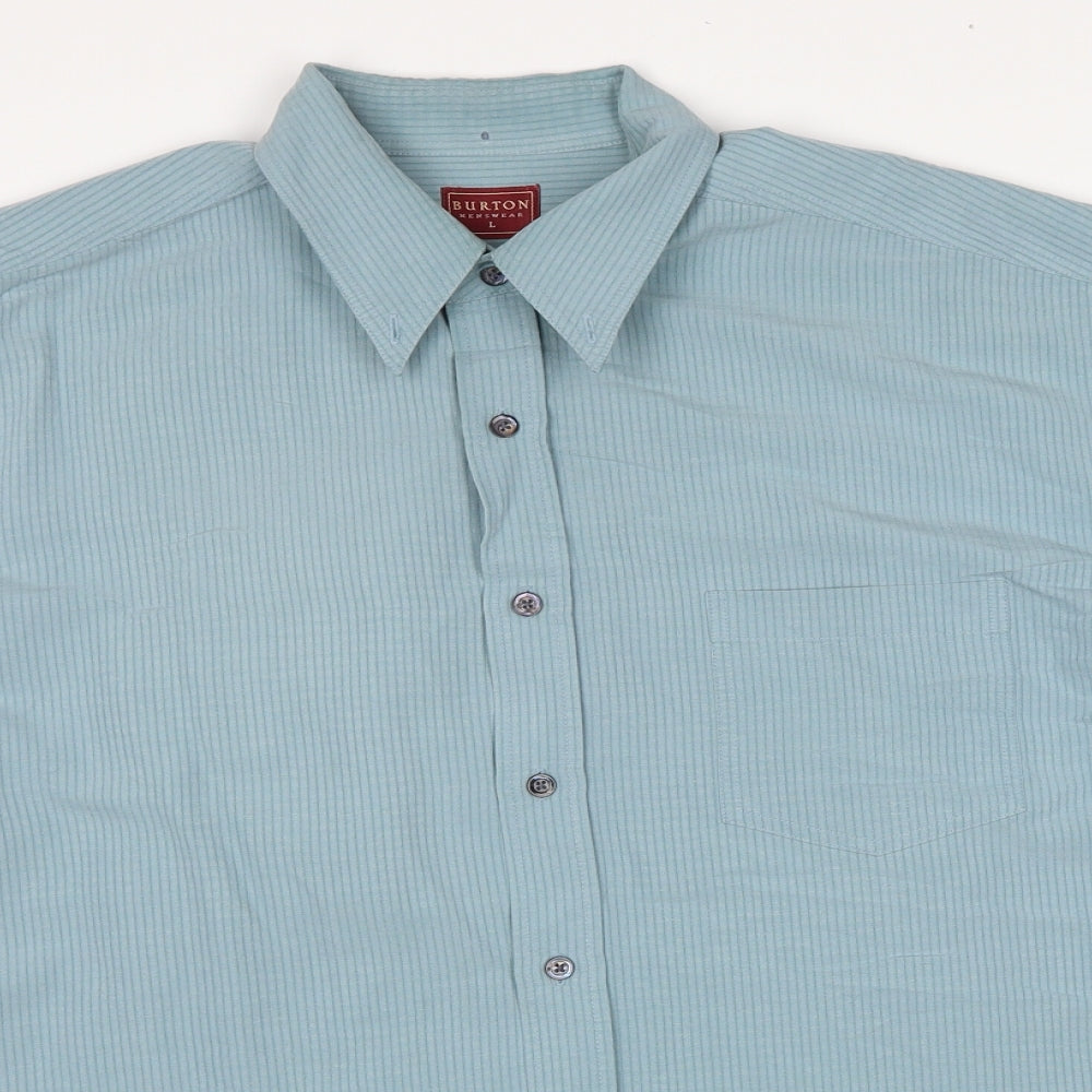 Burton Mens Blue Striped Viscose Button-Up Size L Collared Button