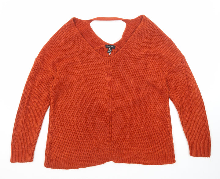New Look Womens Orange V-Neck Acrylic Pullover Jumper Size M
