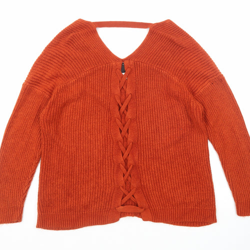 New Look Womens Orange V-Neck Acrylic Pullover Jumper Size M