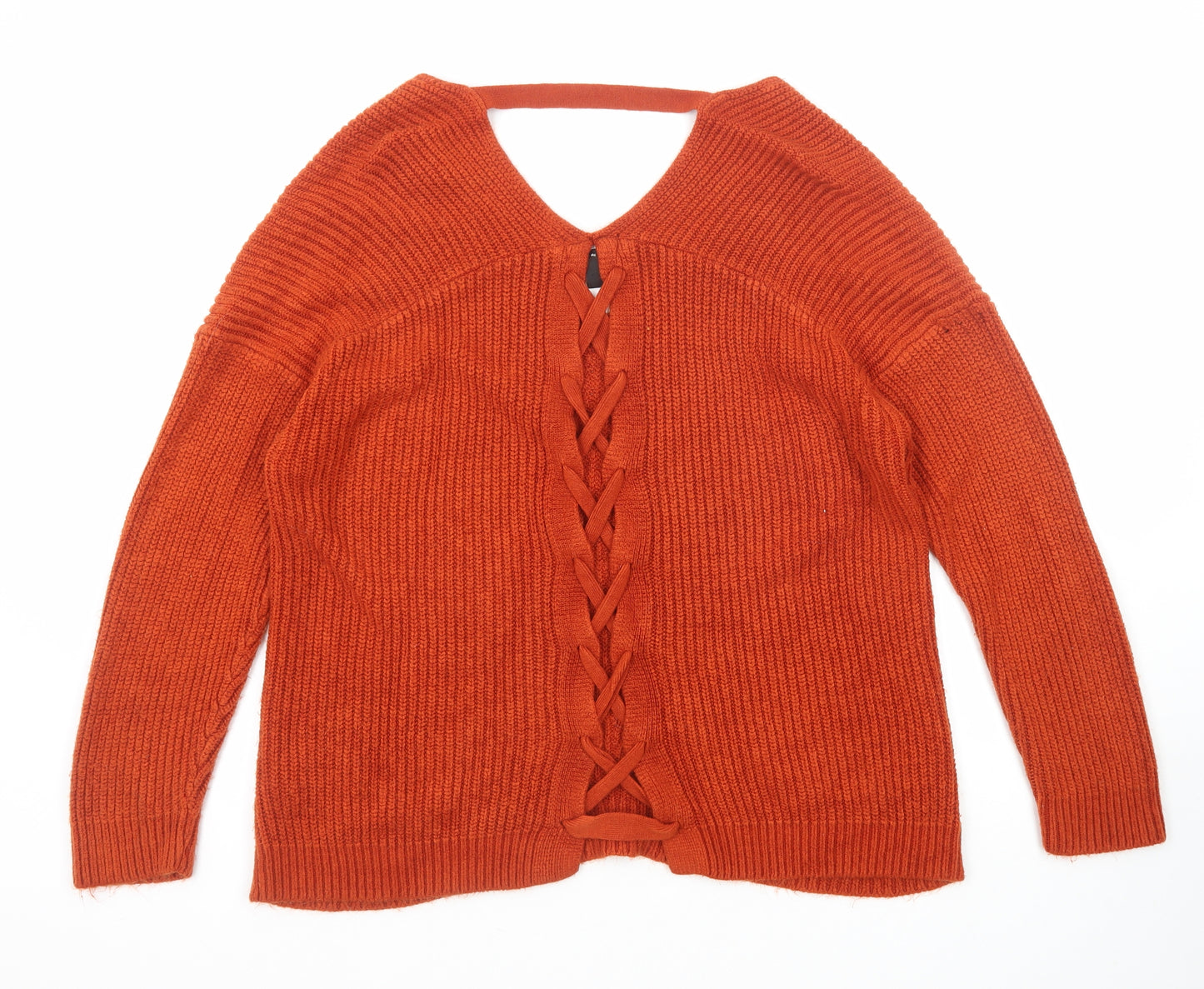 New Look Womens Orange V-Neck Acrylic Pullover Jumper Size M