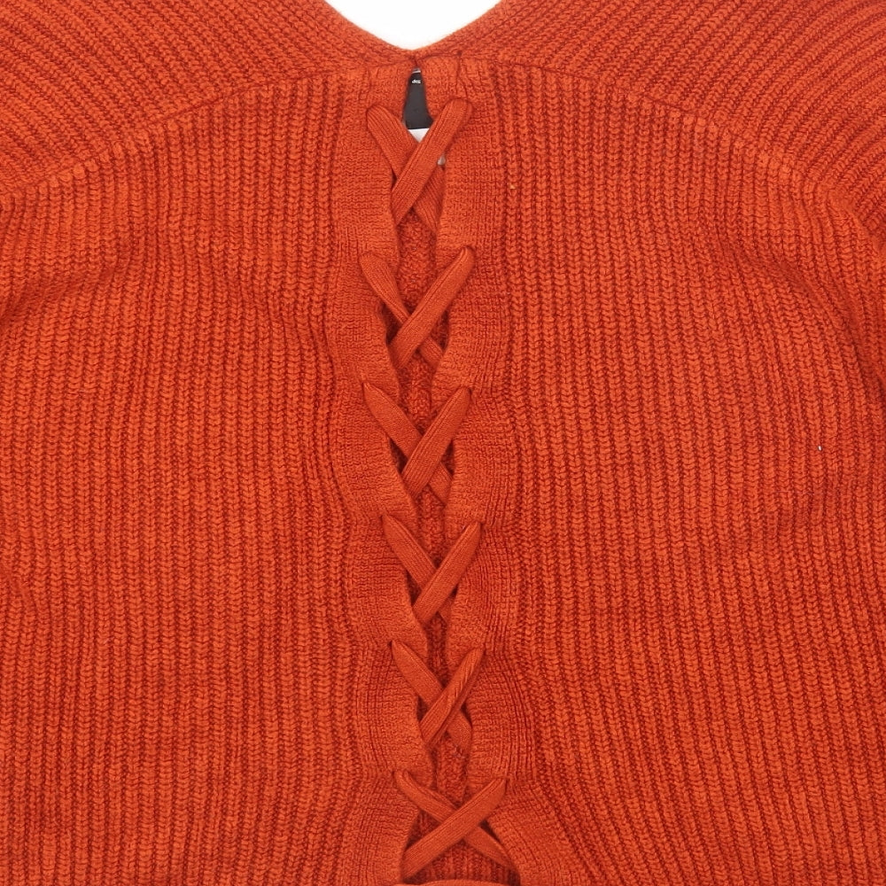New Look Womens Orange V-Neck Acrylic Pullover Jumper Size M
