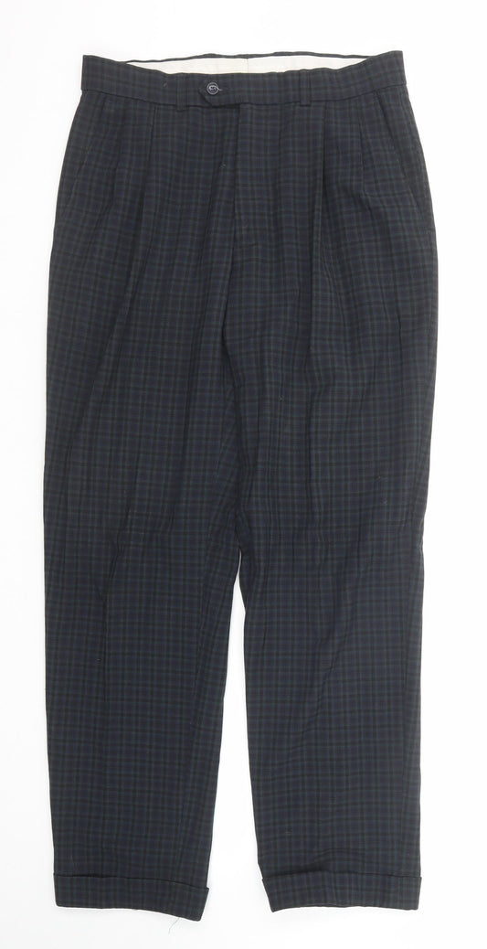 Marks and Spencer Mens Blue Check Polyester Trousers Size 32 in L31 in Regular Zip