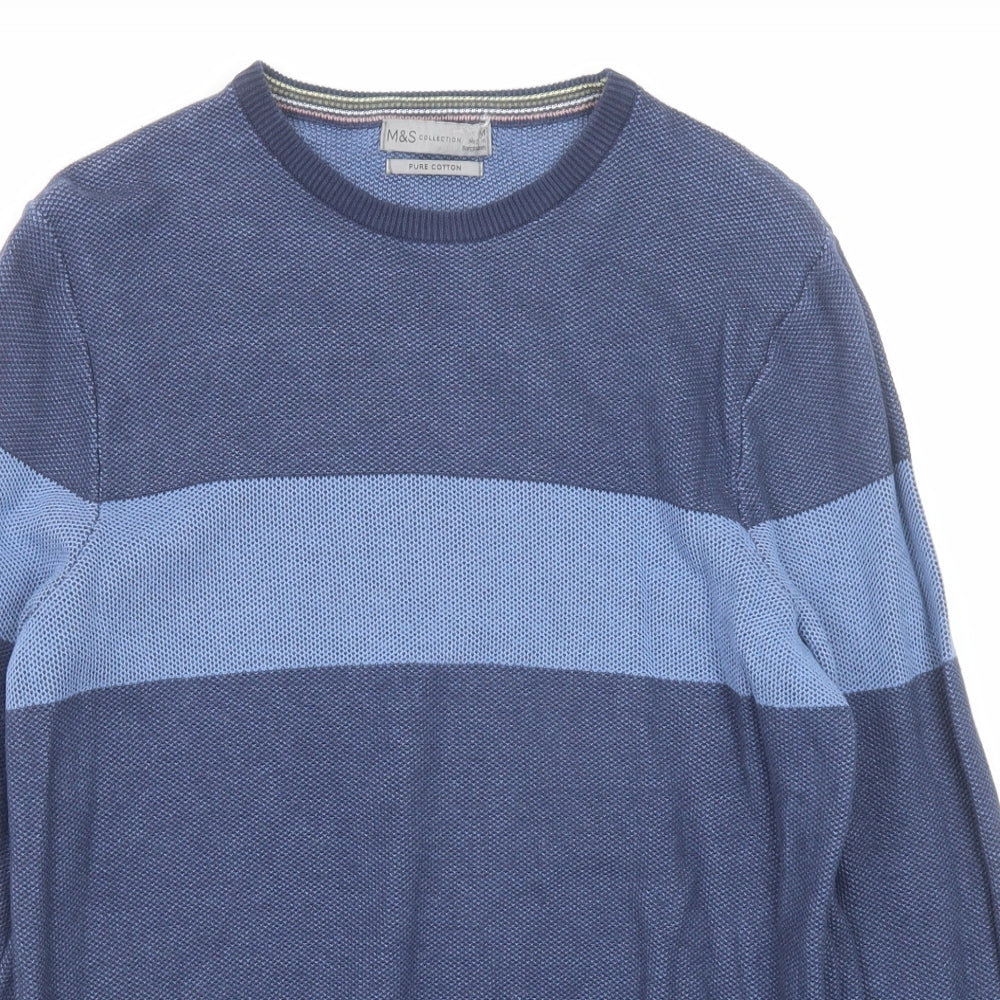 Marks and Spencer Mens Blue Round Neck Cotton Pullover Jumper Size M Long Sleeve