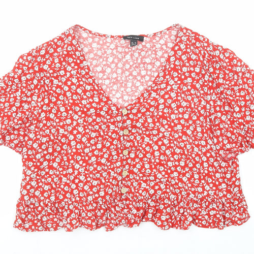 New Look Womens Red Floral Viscose Basic Button-Up Size 16 V-Neck