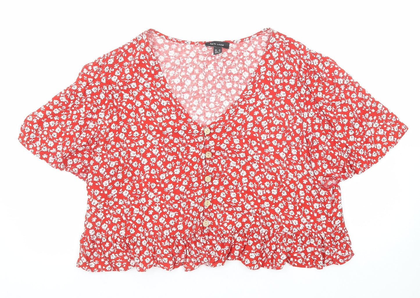 New Look Womens Red Floral Viscose Basic Button-Up Size 16 V-Neck