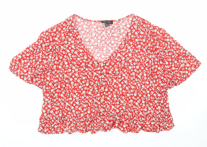 New Look Womens Red Floral Viscose Basic Button-Up Size 16 V-Neck