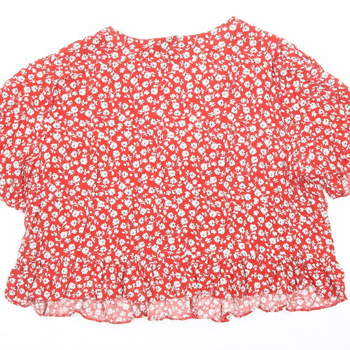 New Look Womens Red Floral Viscose Basic Button-Up Size 16 V-Neck
