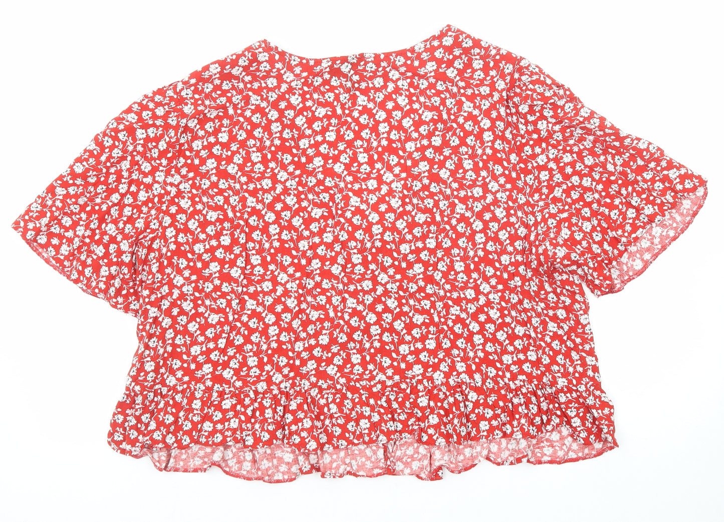 New Look Womens Red Floral Viscose Basic Button-Up Size 16 V-Neck