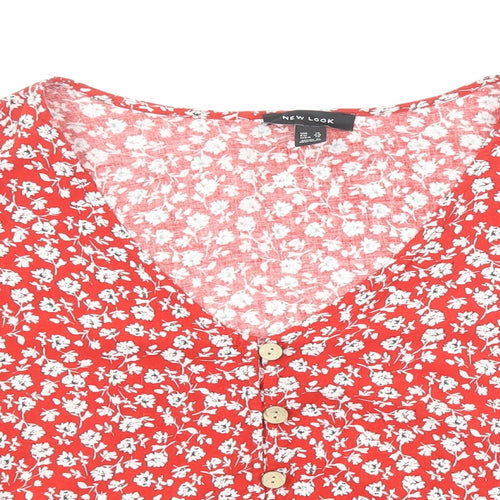 New Look Womens Red Floral Viscose Basic Button-Up Size 16 V-Neck