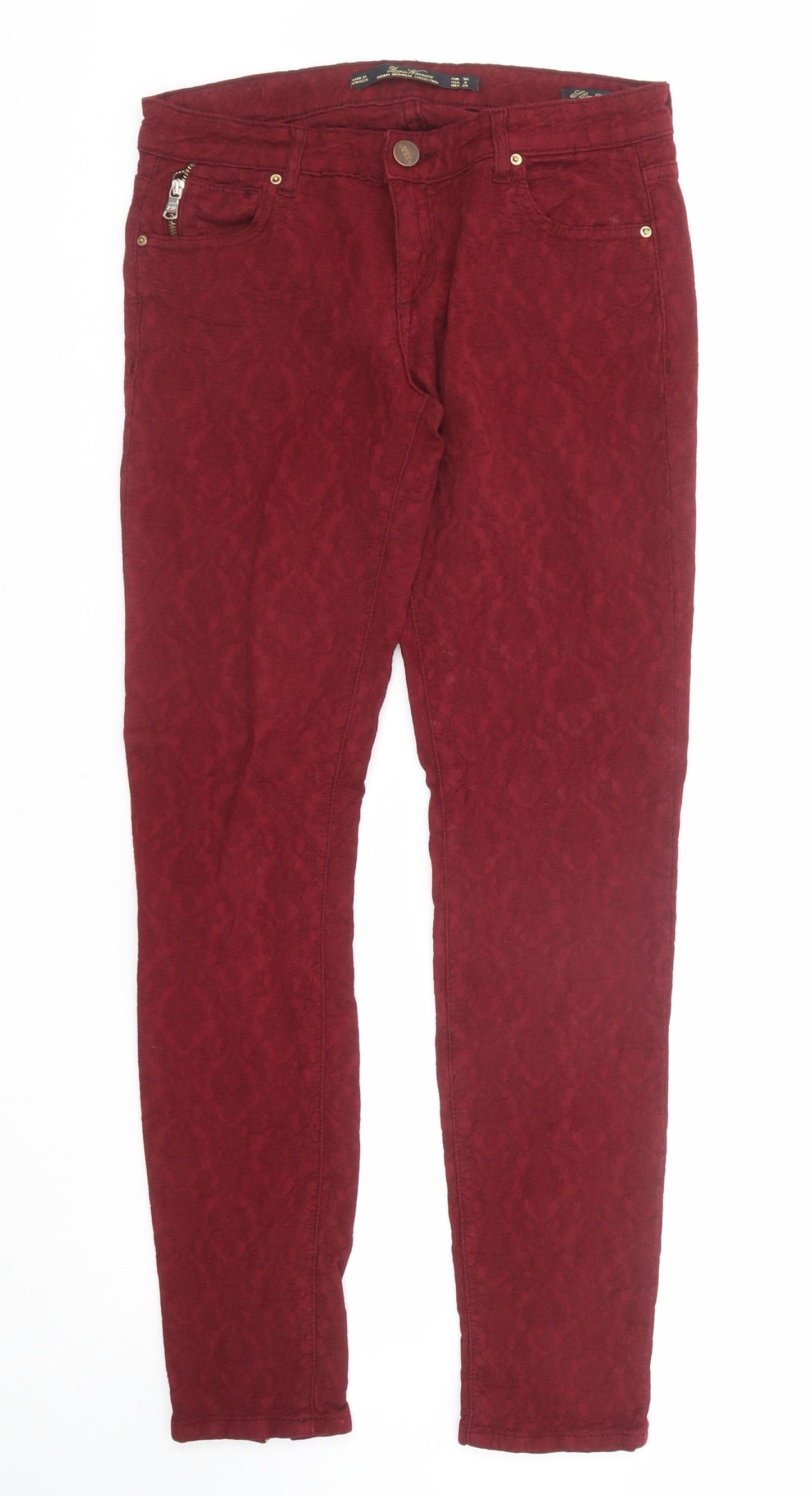Zara Womens Red Geometric Cotton Trousers Size 8 Regular Zip