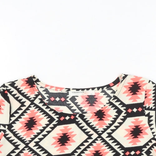 Vera & Lucy Womens Black Geometric Polyester Basic T-Shirt Size S Round Neck