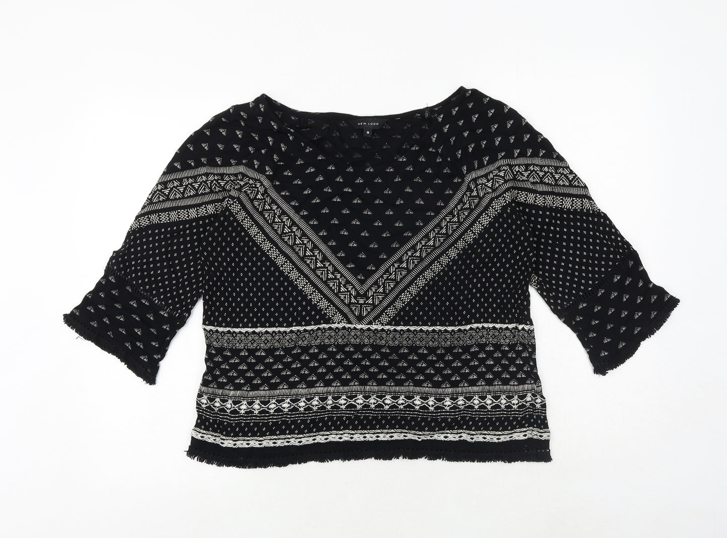 New Look Womens Black Geometric Viscose Basic Blouse Size 10 Round Neck