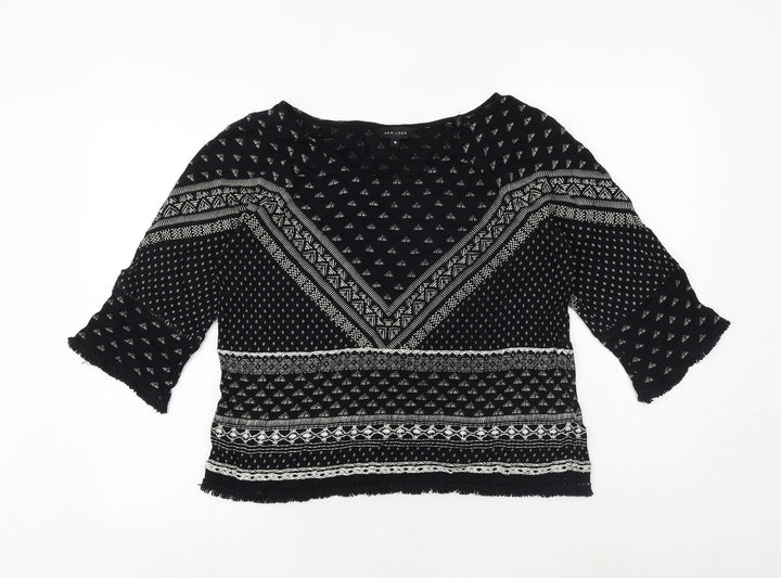 New Look Womens Black Geometric Viscose Basic Blouse Size 10 Round Neck