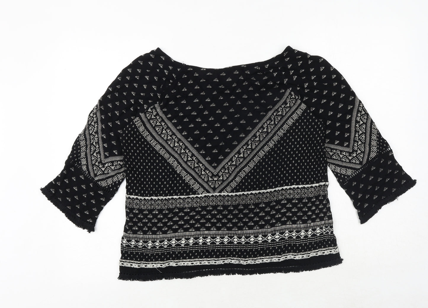 New Look Womens Black Geometric Viscose Basic Blouse Size 10 Round Neck