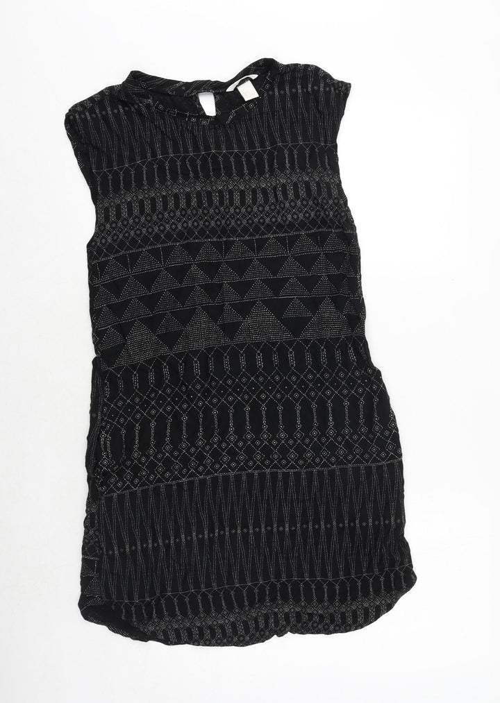 H&M Womens Black Geometric Viscose A-Line Size 6 Round Neck Pullover