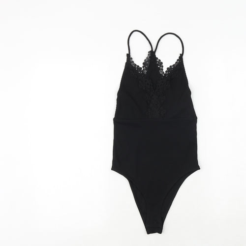 Topshop Womens Black Polyester Bodysuit One-Piece Size 6 Snap - Crocheted Lace Detail