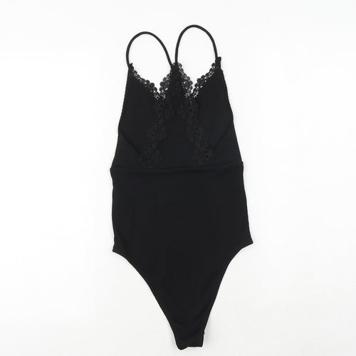 Topshop Womens Black Polyester Bodysuit One-Piece Size 6 Snap - Crocheted Lace Detail
