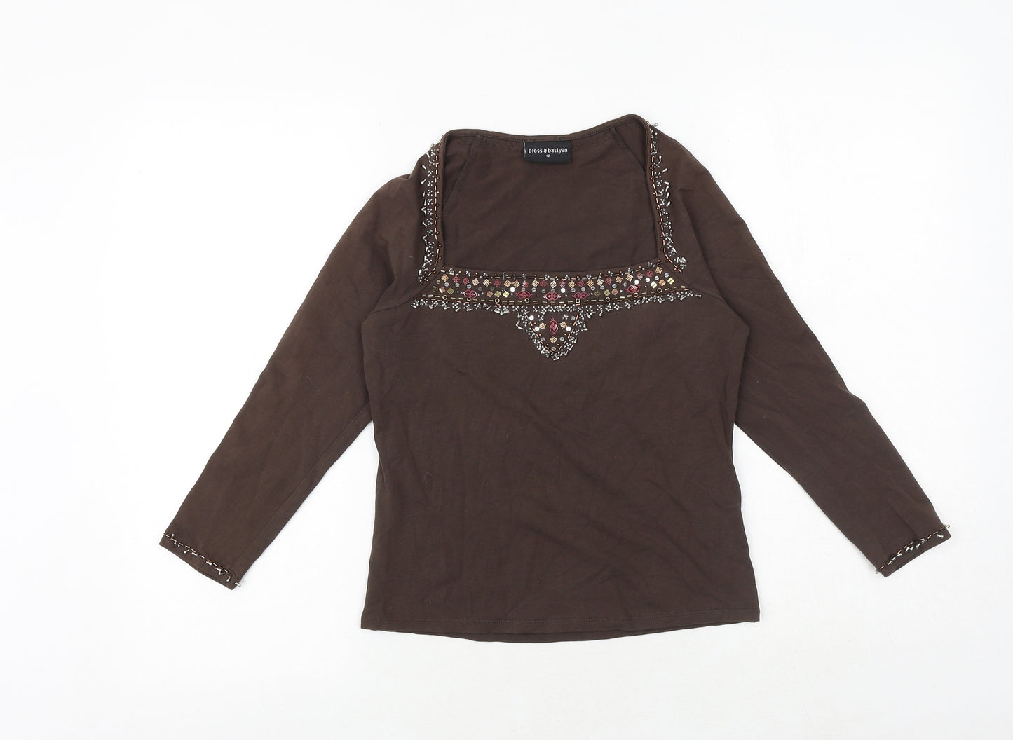 Press&Bastyan Womens Brown Cotton Basic Blouse Size 12 Square Neck