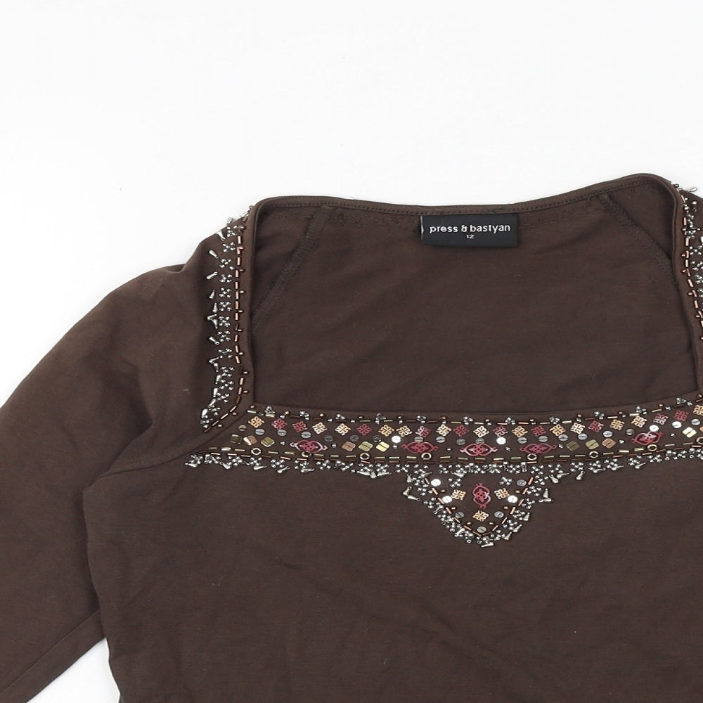 Press&Bastyan Womens Brown Cotton Basic Blouse Size 12 Square Neck