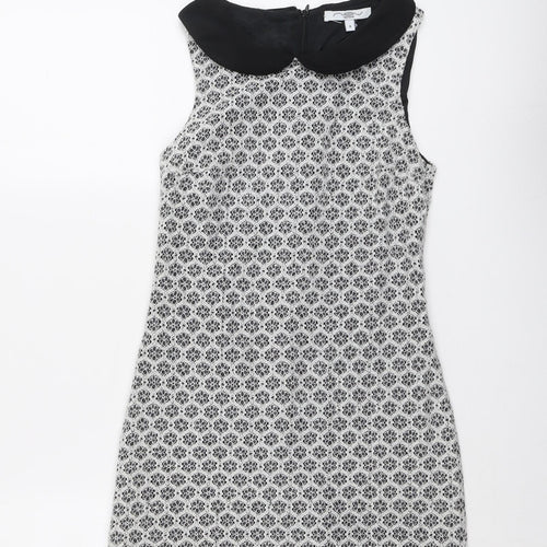 New Look Womens Black Geometric Cotton A-Line Size 8 Collared Zip
