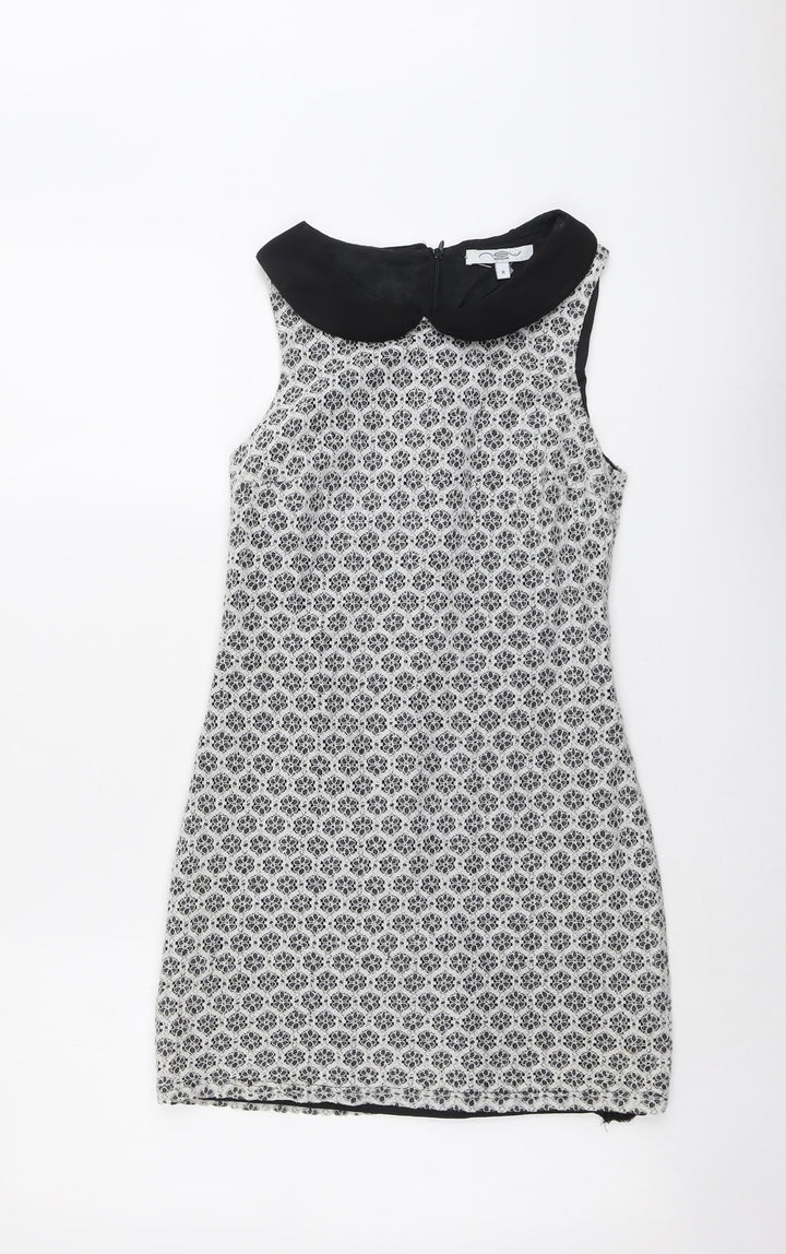 New Look Womens Black Geometric Cotton A-Line Size 8 Collared Zip