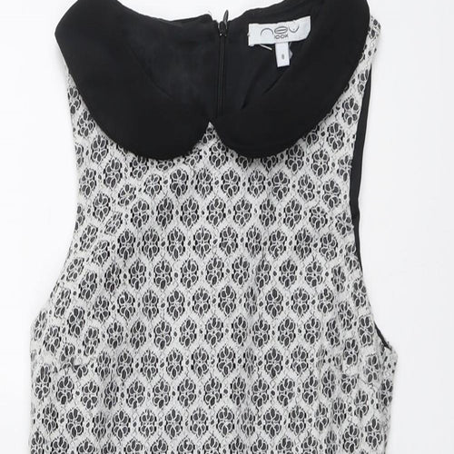 New Look Womens Black Geometric Cotton A-Line Size 8 Collared Zip