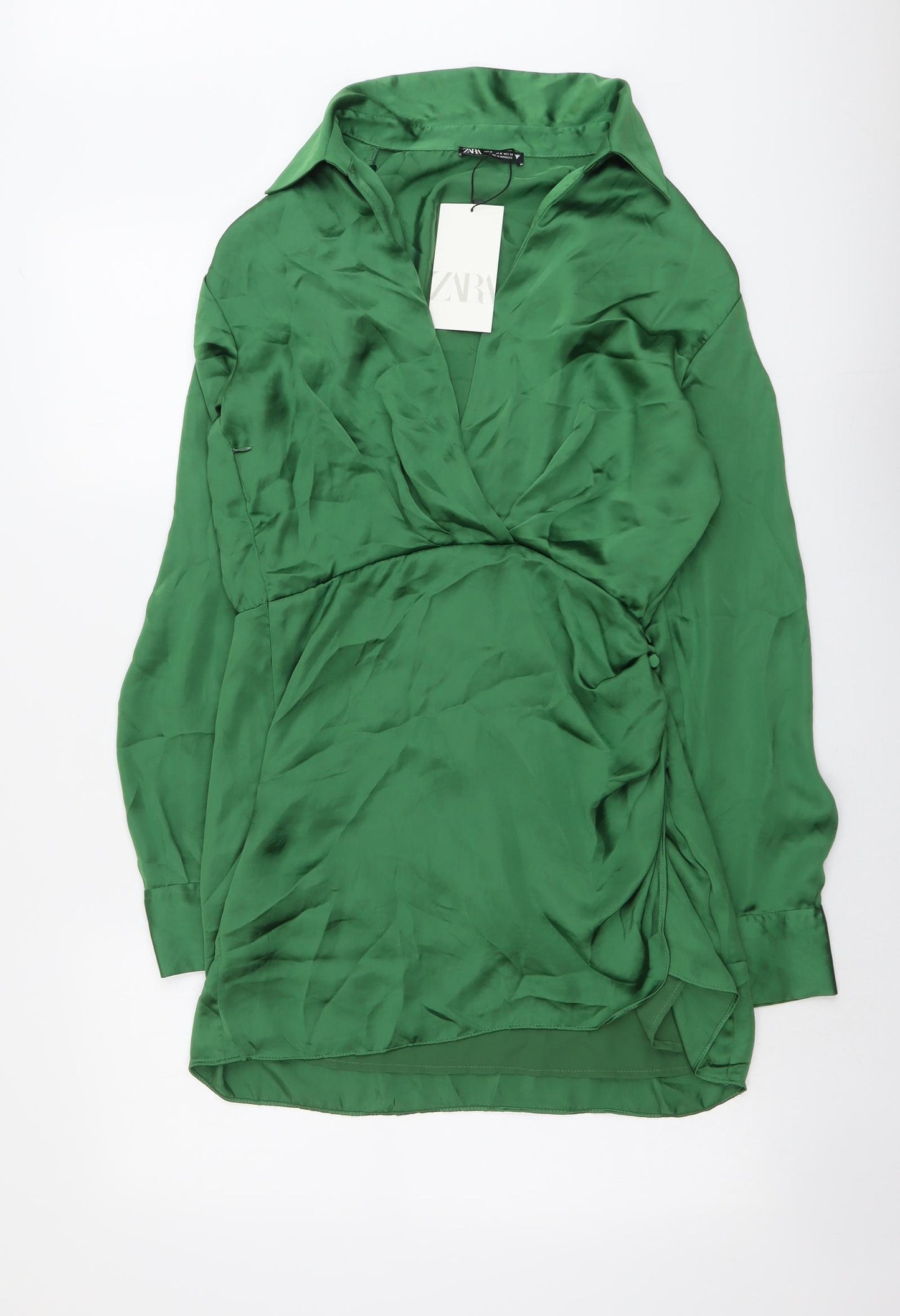 Zara Womens Green Polyester Shirt Dress Size M Collared Zip