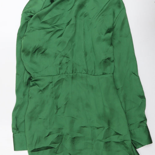 Zara Womens Green Polyester Shirt Dress Size M Collared Zip
