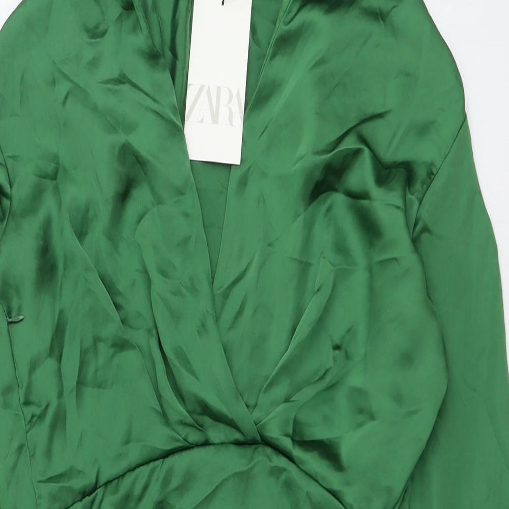 Zara Womens Green Polyester Shirt Dress Size M Collared Zip