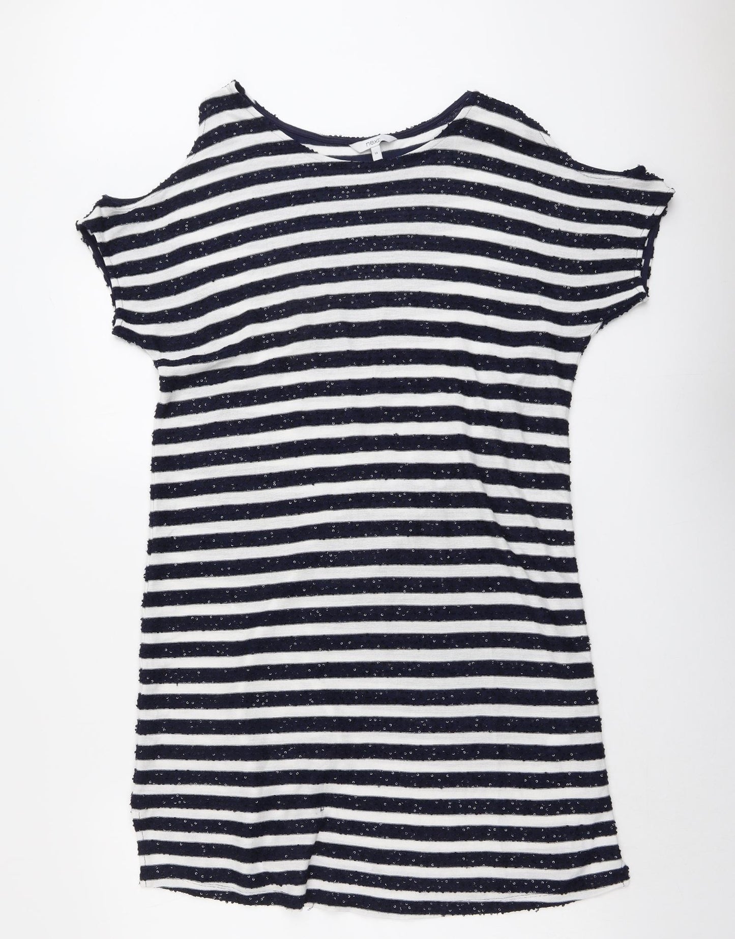 NEXT Womens Blue Striped Polyester A-Line Size 14 Round Neck Pullover - Cold Shoulder