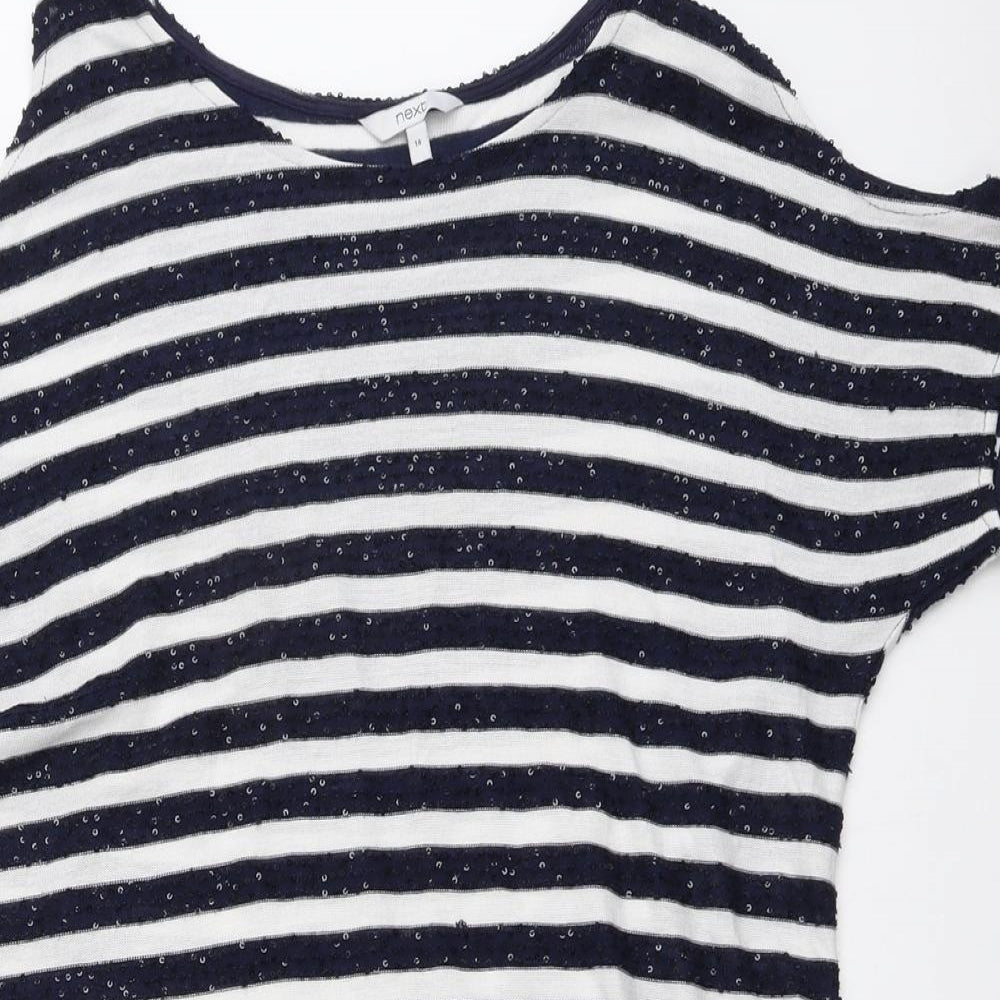NEXT Womens Blue Striped Polyester A-Line Size 14 Round Neck Pullover - Cold Shoulder
