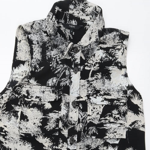NEXT Womens Black Geometric Polyester Basic Button-Up Size 10 Collared