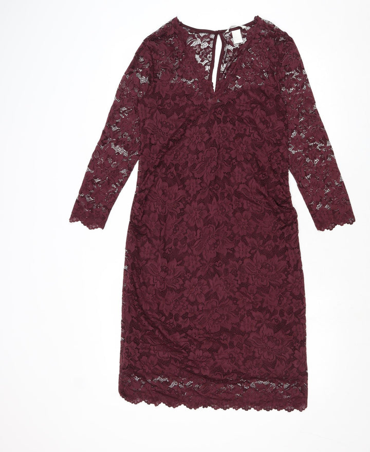 H&M Womens Purple Floral Polyamide A-Line Size M V-Neck Button
