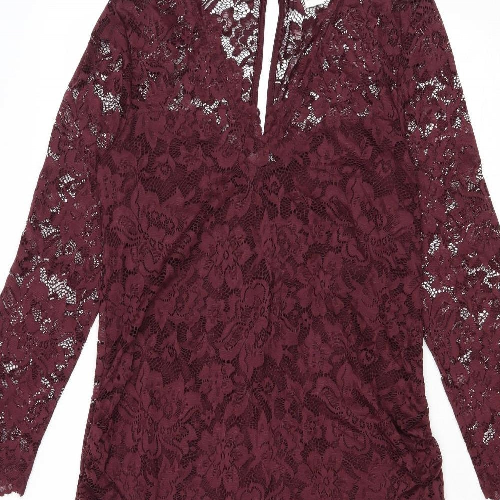 H&M Womens Purple Floral Polyamide A-Line Size M V-Neck Button