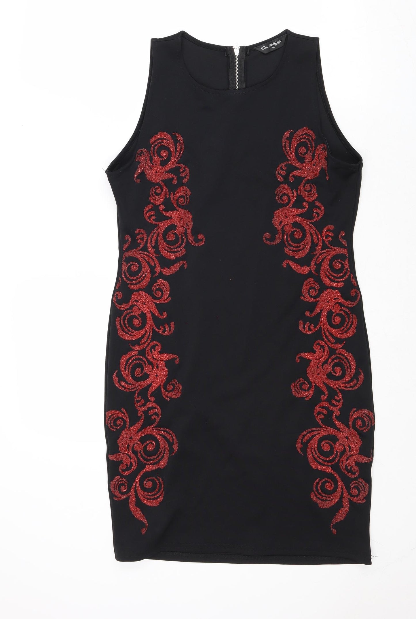 Miss Selfridge Womens Black Geometric Polyester A-Line Size 14 Round Neck Zip
