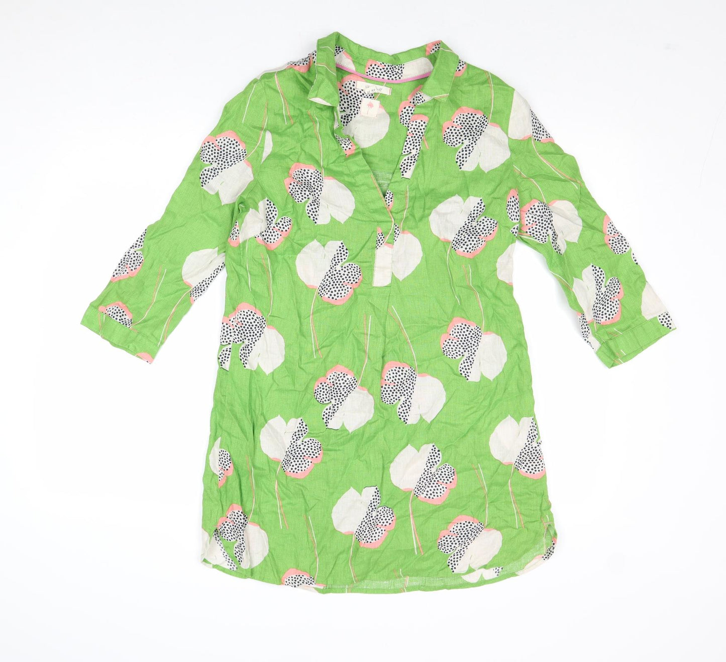 White Stuff Womens Green Geometric Linen Shirt Dress Size 8 Collared Pullover