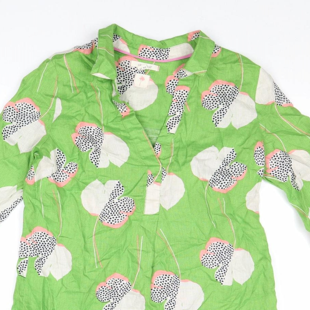 White Stuff Womens Green Geometric Linen Shirt Dress Size 8 Collared Pullover