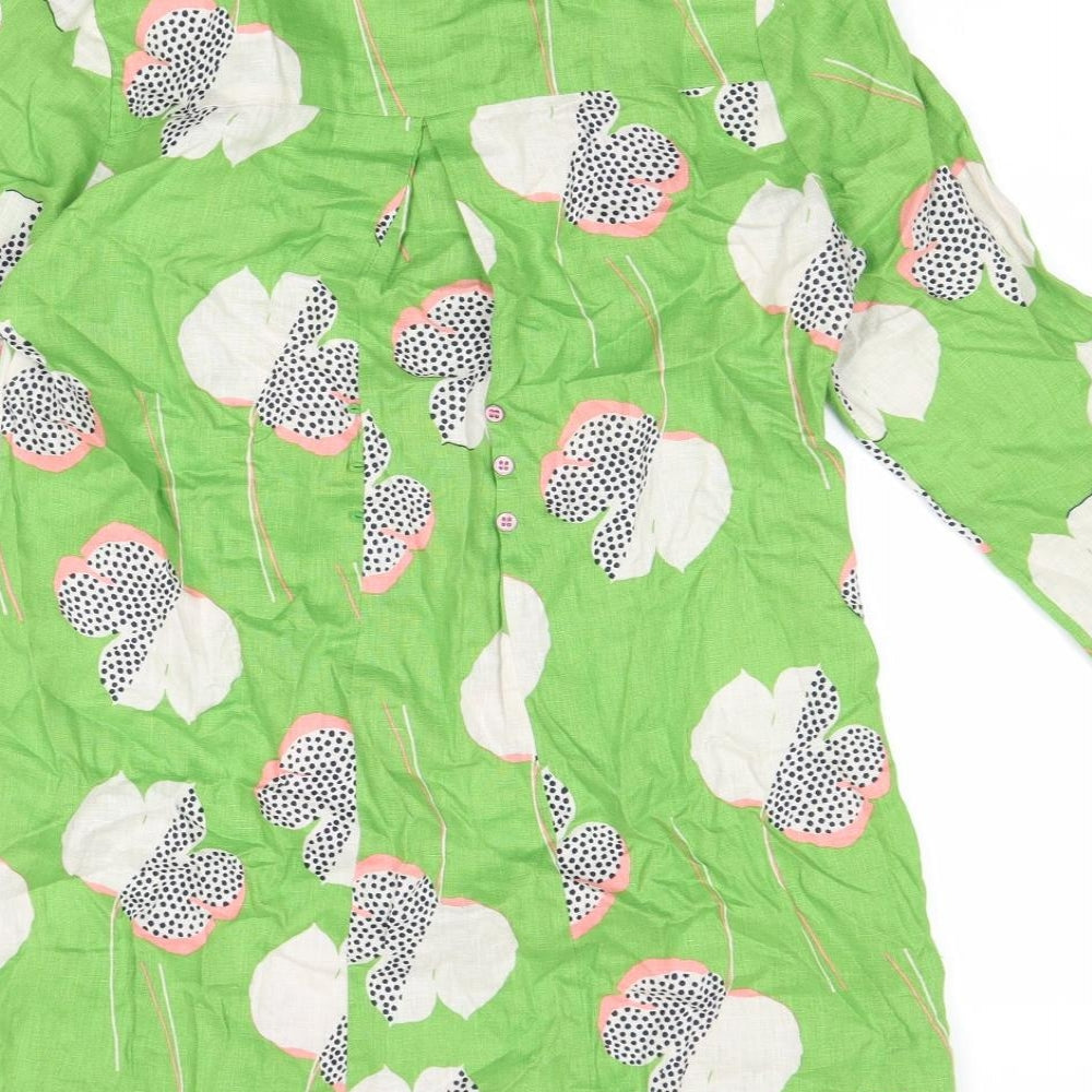 White Stuff Womens Green Geometric Linen Shirt Dress Size 8 Collared Pullover