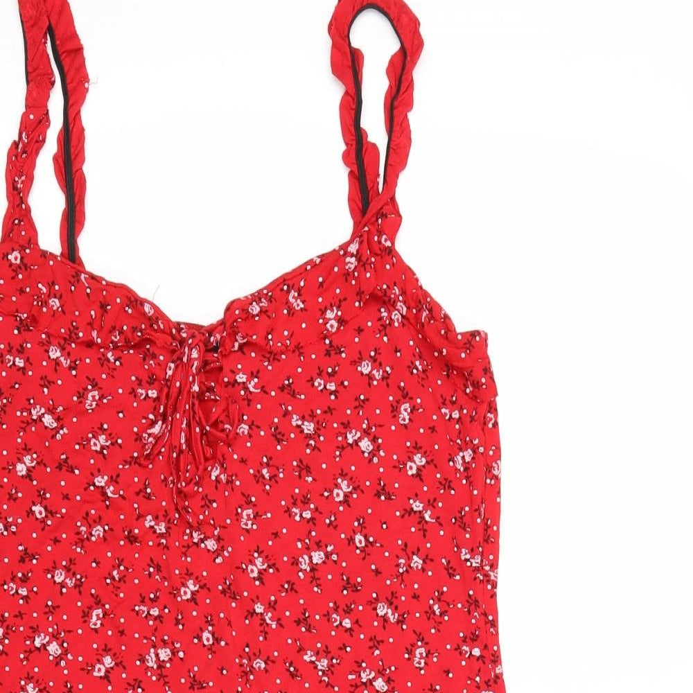 PRETTYLITTLETHING Womens Red Floral Viscose Tank Dress Size 14 Round Neck Pullover